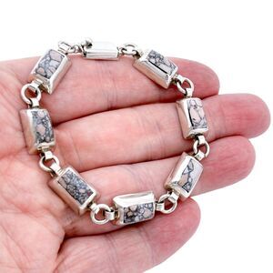 Estate Mexico Sterling Silver 925 10mm Pink Howlite Link Bracelet 7.5"